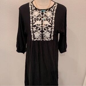 Knox Rose Black Gauze White Embroidered Floral Bird Peasant Boho Dress XS